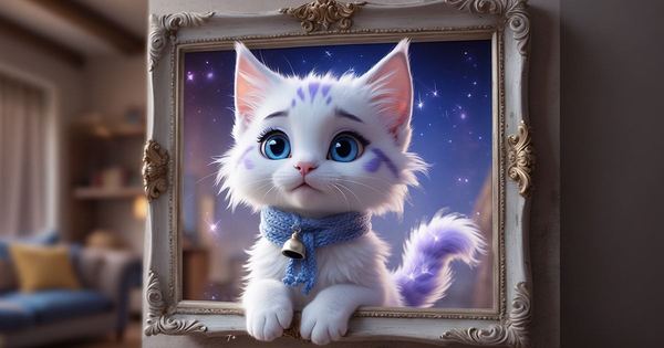 Snowy kısa filminin kapağı: mavi gözlü, mavi atkılı, lila kuyruklu beyaz yavru kedi Snowy, içinde yıldızlı gökyüzü olan süslü bir çerçeveden dışarı uzanıyor